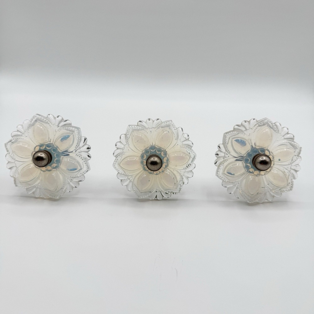 19th C Victorian Opalescent Pressed Sandwich Glass Flower Drapery Tiebacks 3 Set